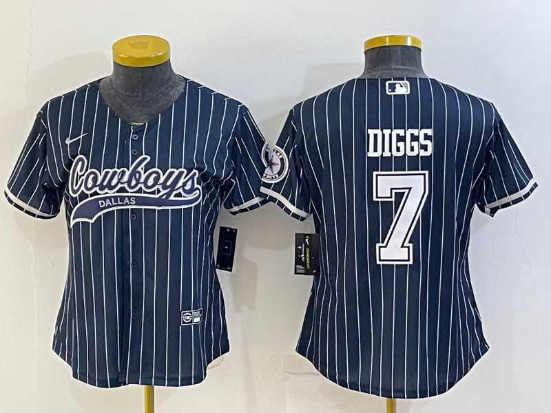 Women%27s Dallas Cowboys #7 Trevon Diggs Navy Blue Pinstripe With Patch Cool Base Stitched Baseball Jersey